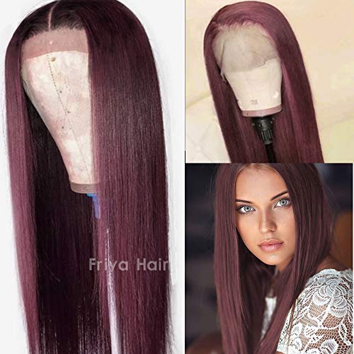 Friya Hair Natural Straight Wigs Lace Frontal Wig Dark Rooted Ombre Burgundy Brown Red Wig Snythetic Fiber Heat Resistant Glueless Wigs With Baby Hair 24 Inches