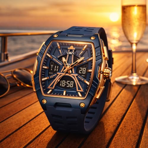 Image of V2A Impact 48mm Analog Digital Watch for Men | 3D Tower Dial Design | Alarm Stopwatch Day Date 12 /24 Hr | TPU Strap | 50M Water Resistant | Gift for Mens