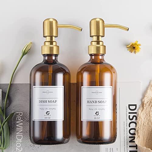 Duvein 2 Pack Amber Glass Soap Dispenser,Rustproof Stainless Steel Pump,16oz Thick Farmhouse Amber Bottles Jar for Bathroom Kitchen Accessories,Lotion Dispenser Pump Glass Bottle (Gold)