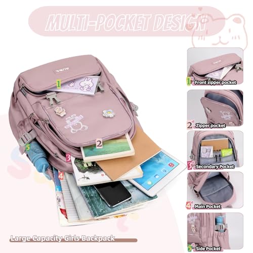 School Bags for Girls,Elementary Middle School Students Bookbag, Kids Backpack with Pendent&Pins Outdoor Backpacks for Girls3