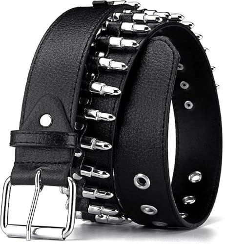 Black Genuine Leather Punk Rivet Belt – Silver Bullet Studs, Rock Style for Bold Looks