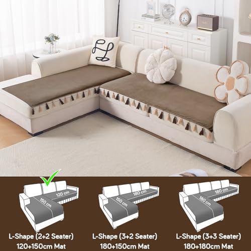 Image of HOKIPO Tassel Tone Sofa Cover L Shape 4 Seater Mat, Warm Taupe