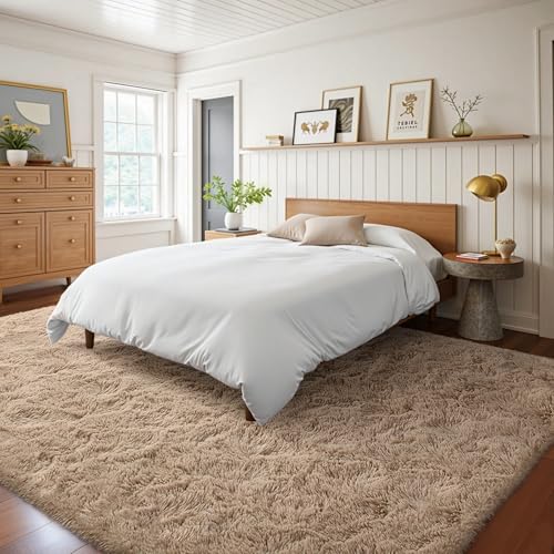 Bedroom Rugs Fluffy Neutral 4x6 Beige Area Rug, Modern Plush Non-Slip Soft Living Room Shag Carpet for Book Room Office,Coffee Stain Resistant
