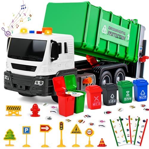 Joellfuner Camião do lixo brinquedo, veículos camião, veículo sanitário de fricção, brinquedo de lixo com luz e som LED, presentes para meninos e meninas de 3 4 5 6 7 8 9 10 Anos (verde)