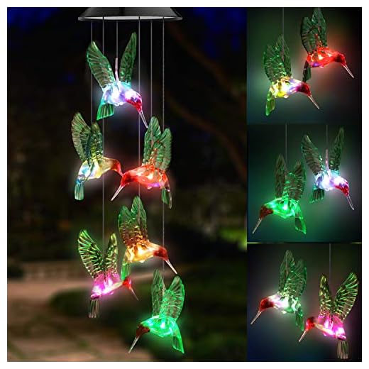 Topspeeder LED Solar Hummingbird Wind Chime, Changing Color Waterproof Six Hummingbird Wind Chimes for Home Party Night Garden Decoration (Green Hummingbird Birds)