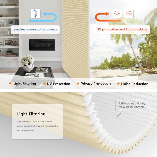 Image of LazBlinds No Tools No Drill Cordless Cellular Shades, Top Down Bottom Up (TDBU) Honeycomb Shades for Home, Light Filtering Thermal Insulation Blinds for Windows, 48 inch W x 64 inch H, Beige