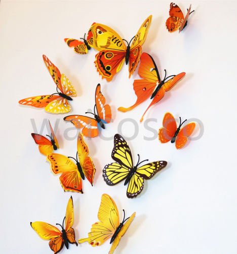 Fashion Mix 12pcs Magnetic 3D Butterfly Decal Wall Stickers Home DIY Art Decor Room (B9 - Orange)