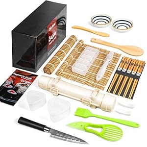 Delamu Sushi Making Kit, Upgrade 22 in 1 Sushi Maker Bazooker Roller Kit with Bamboo Mats, Chef’s Knife, Triangle/Nigiri/Gunkan Sushi Rice Mold, Chopsticks, Sauce Dishes, Rice Spreader, User Guide