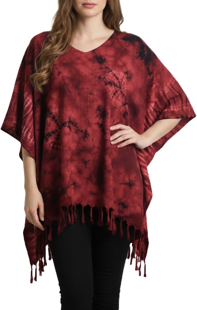 Tie Dye Tunic Poncho Kaftan Caftan Blouse Cover Up Handmade Plus size (red)