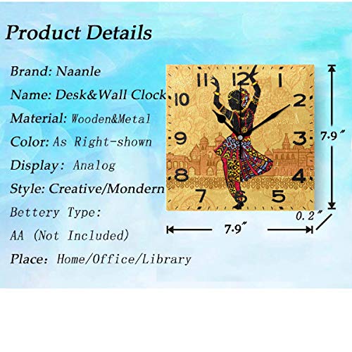 Naanle Indian Woman Pattern Square Wall Clock Decorative, 8 Inch Battery Operated Quartz Analog Quiet Desk Clock For Home,Office,School #TOP2