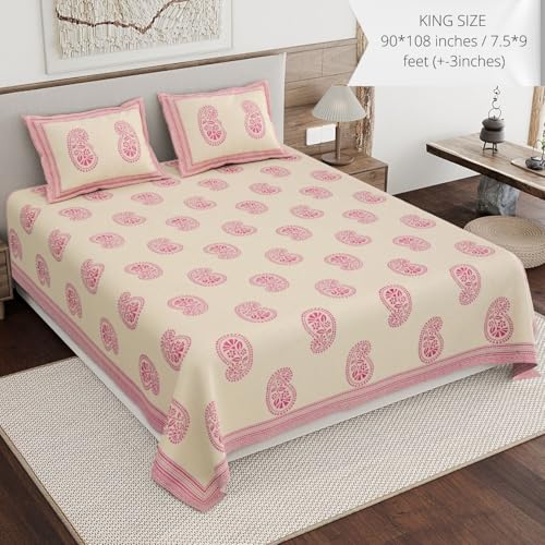 Image of Living Roots Ethnic Jaipur Block Print Double Cotton Bedsheet & 2 Pillow Covers, for Mattress Upto 6 inches Thick, No Colour Bleeding, Pink Colour, King Size 90 * 108 inches, 120TC (602-A)