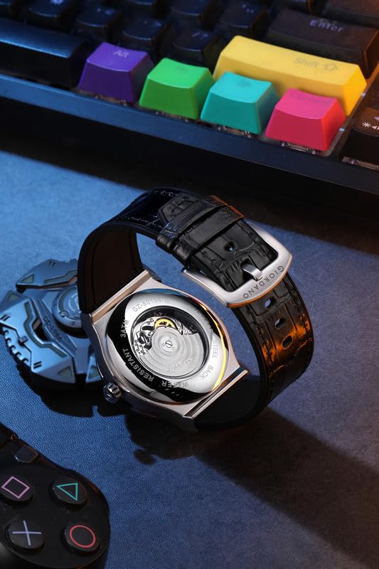 Image of Giordano Automatic Watch for Men - Round Dial, Stainless Steel Case, Transparent Mechanical Movement, Luminous Hands, Black Leather Strap