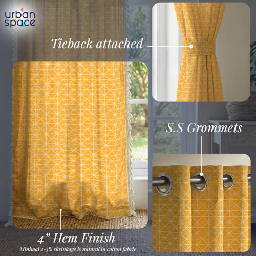 Image of Urban Space Boho Decorative Curtain for Window, 100% Cotton Curtain 5 Feet Long, 1 Piece Curtain with Tassels, 60-65% Room Darkening Curtain with Tieback and Eyelets (Yellow Star, 5 Feet)