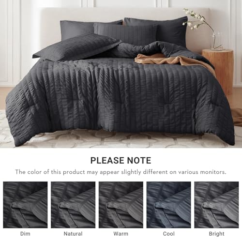 Image of MUXHOMO 7 Pieces King Comforter Set, Seersucker Bed in a Bag King Size, All Season Luxury Bedding Set with Comforter, Flat Sheet, Fitted Sheet, Pillowcases & Shams, Dark Grey