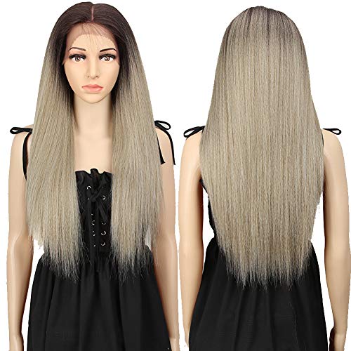 NOBLE GIRL 13x4 Lace Frontal Wigs Free Part Long Yaki Straight Wigs Heat Resistant Synthetic Lace Wigs with Baby Hair for Black Women 150% Density (26 inches, Grey Green Wigs)