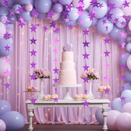 Image of Spakon 65 Feet Glitter Star Paper Garland Banner Hanging Decoration Star Streamers Double Side 2026 Graduation Decorations for Wedding Birthday Festival New Year Party Decoration (Purple)
