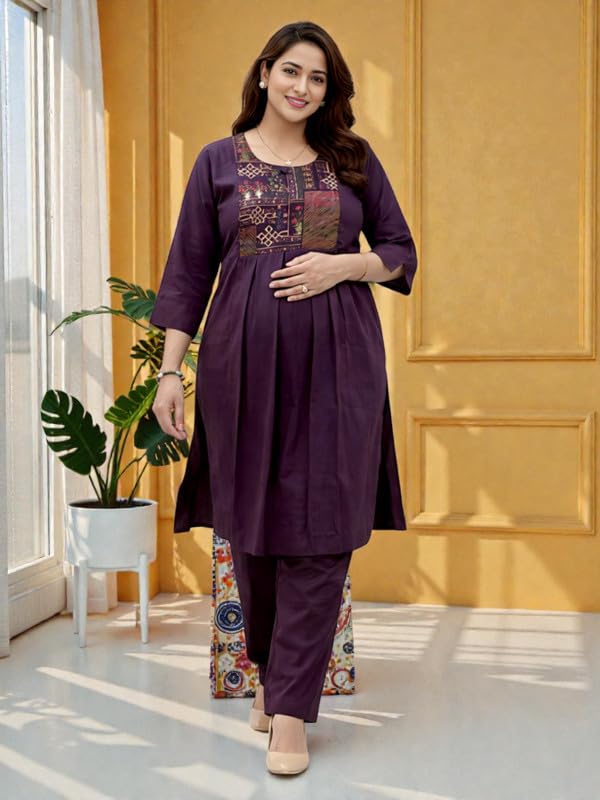 Image of RITIJYA Pure Cotton Feeding Kurta Pant Set for Women | Floral Anarkali Pregnancy Dress with Concealed Nursing Zipper Side Pocket | Pre & Post Partum | Maternity Dresses | Baby Shower Outfit