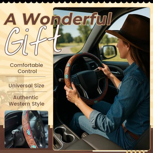 Western Steering Wheel Cover,Retro Western Cowboy Car Universal Steering Wheel Cover,Embossed Hand-Painted Leather Western Car Accessories, for Women Man, Anti-Slip Design Easy to Install (A)