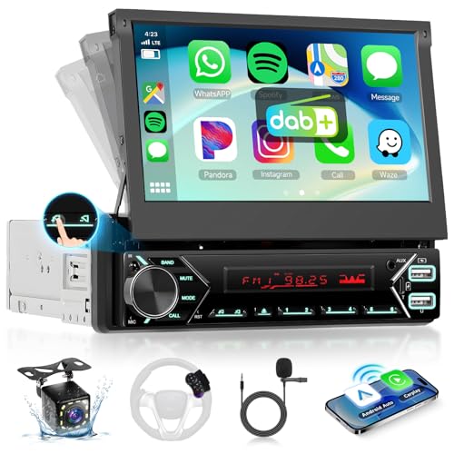 Hodozzy Dab Autoradio 1 din Carplay sans Fil Android Auto avec Écran Automatique Rétractable de 7 Pouces, Poste Radio Voiture Bluetooth Ecran Tactile avec Lien...