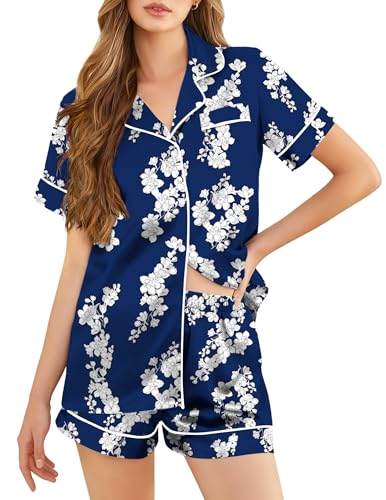 Image of Silk Pajamas for Women Short Sleeve Sleepwear Soft Button Down Loungewear 2 Piece Satin Pjs Shorts Set S-XXL