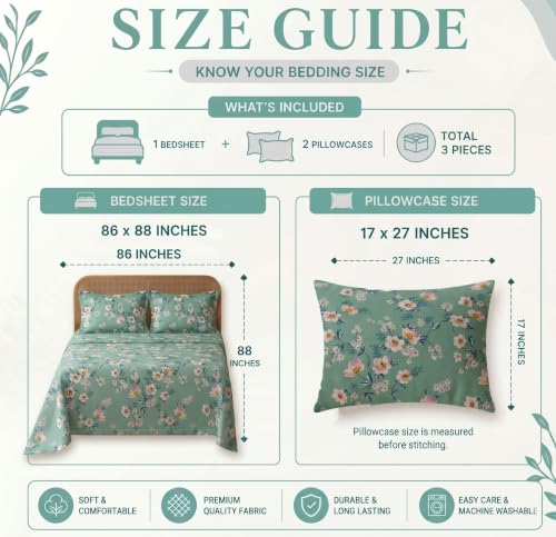 Image of HOMEKART Glace Cotton 160 TC Leaf Printed Double Bedsheet with 2 King Size Pillow Covers | Soft & Durable | 86 x 88Inches (Green & White)