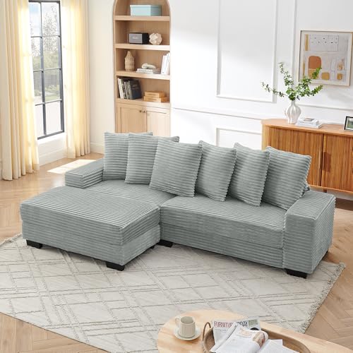 LAKFEW Sofa 4 Plazas Esquinero en Forma de L, Sofas de Salon Cheslong Convertible con 6 Cojines, Sofa Modular Rinconera Couch en l para Salón Apartamento y Oficina, 256.5x133.5x89 cm, Pana, Gris