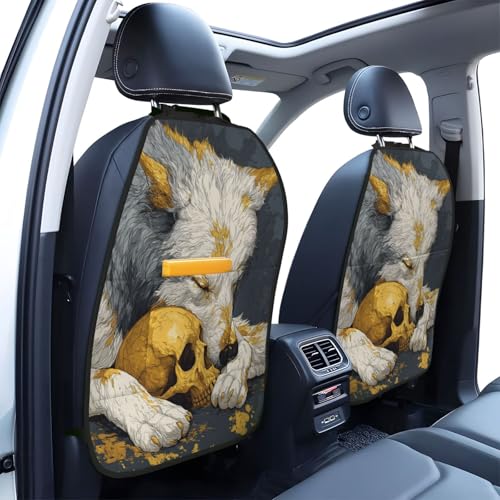 Wolf Sleeping with Golden Skull Car Seat Back Kick Protectors,2 Pack Kick Mats with Storage Pockets for Vehicles to Protect from Dirt Mud Scratches