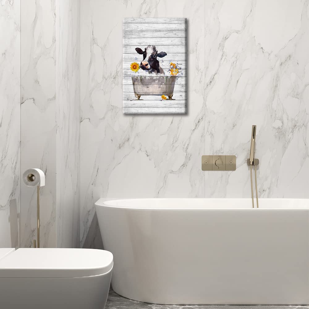 Farm Animal Wall Art Funny Cow Take Shower in Bathtub on Wood Board Canvas Abstract Painting Modern Artwork Framed Ready to Hang for Bathroom Home Living Room Decor 8x12inch (20x30cm) - Image 2