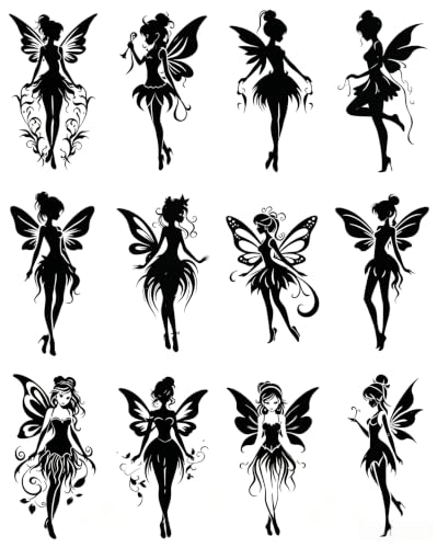 Fairy Temporary Tattoos, 12-Sheet Black Silhouette Butterfly Art