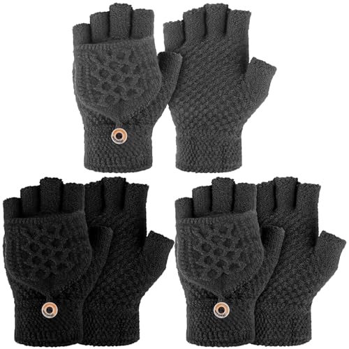 Newcotte 3 Pairs Knitted Convertible Fingerless Gloves Winter Flap Cover Convertible Gloves Warm...