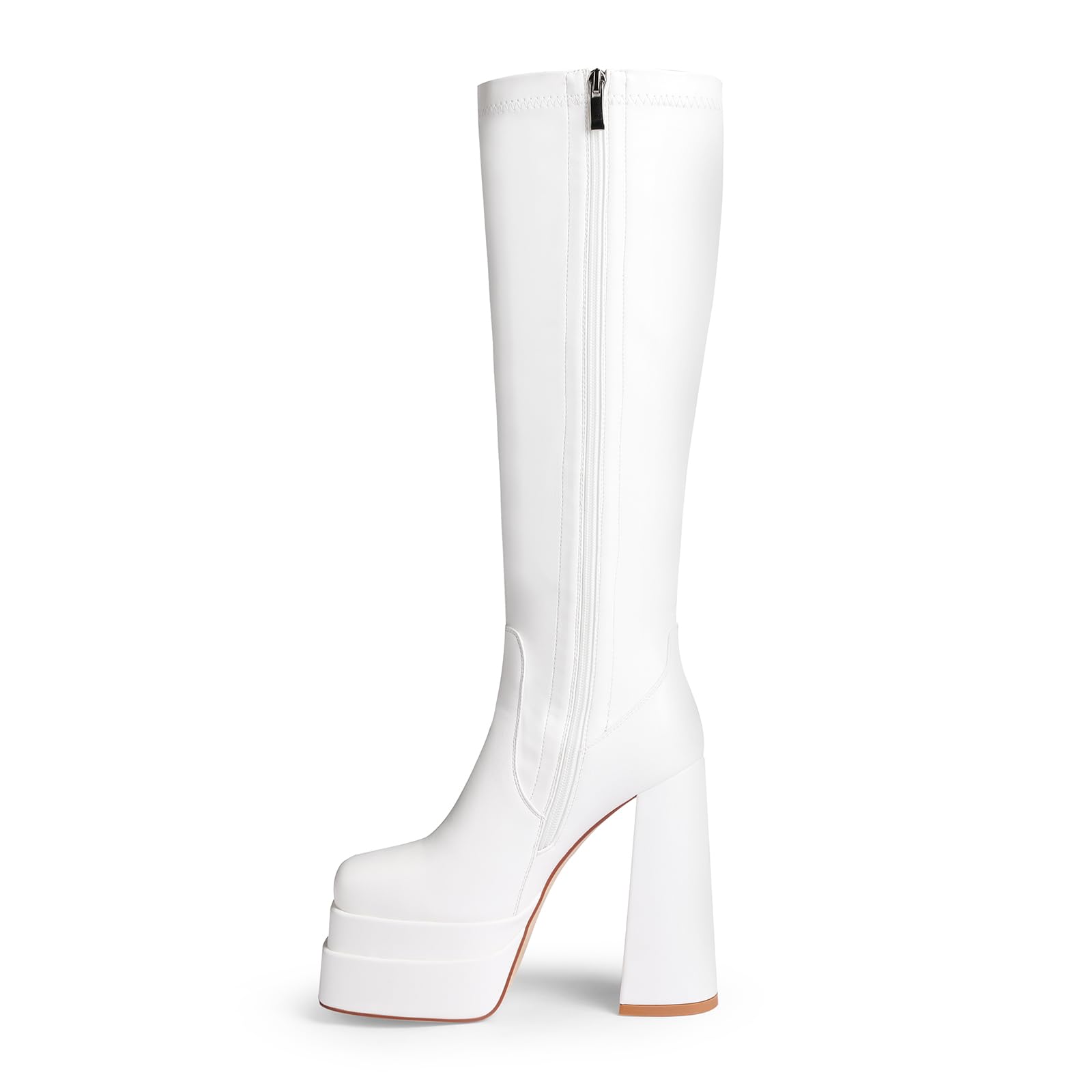 wetkiss Platform Knee High Boots Women Chunky Heel Gogo Boots with Full Side Zipper-Stretchy Party Festival Boots for Cosplay, Costume, Halloween & Costume Events-Not for Wide Calf: 8 Matte White