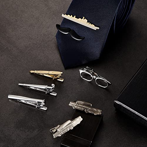 8PC Modeling Tie Clips for Men Silver Gold Black Grey Tie Clip Cars Warship Glasses Beard Baseball Umbrella Tie Bar Suitable for Holiday Gifts, Family Parties, and Anniversaries.…4
