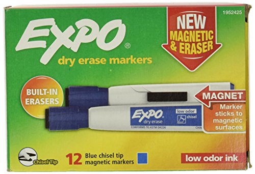 EXPO Magnetic Dry Erase Marker with Eraser, Chisel Tip, Blue, 12-Count