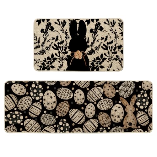 Artoid Mode Black Bunny Egg Leaves Easter Kitchen Mats Set of 2 Spring Home Decor Low-Profile Kitchen Rugs for Floor - 17x29 and 17x47 Inch
