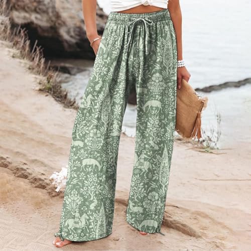 Today Clearance,Teacher Clothes for Women,Women Wide Leg Linen Pants High Waist Colorful Floral Floral Print Trousers Casual Boho Travel Vacation Outfits,C-Green,Large3