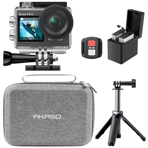 AKASO Brave 4 Pro Action Cam 4K30FPS 20MP mit 60cm Stativ Selfie Stick und Tasche 40M Unterwasserkamera Touchscreen 170 ° Weitwinkel, EIS Stabilisierung, 5X Zoom