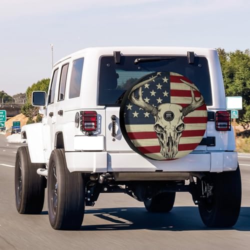 Image of Delerain Spare Tire Cover with Backup Camera Hole American Flag Deer Skull Wheel Covers Waterproof Dust-Proof UV Sun Universal Fit for Trailer RV SUV Truck (18 Inch for Diameter 32 inch-34 inch)