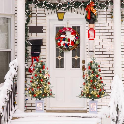 GarveeHome 3ft Small Christmas Tree Pre-Lit Artificial Christmas Tree with 78 Led Lights, Snow Flocked Xmas Tree with Brown Base, Timer Function, Battery Operated, for Home Decor