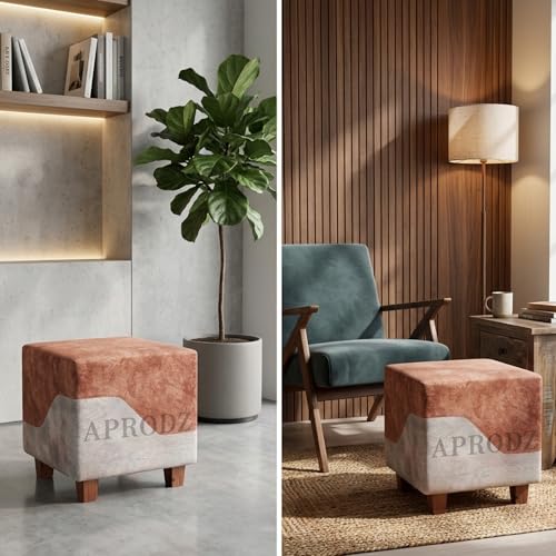 Image of APRODZ Square Printed Ottoman Stool Upholstered Foam Cushioned Pouffes for Living Room | Puffy Muddha Stool for Footrest & Sitting, Velvet Pouf Stool, Furniture for Home Decor, Office Set of 2(Beige)