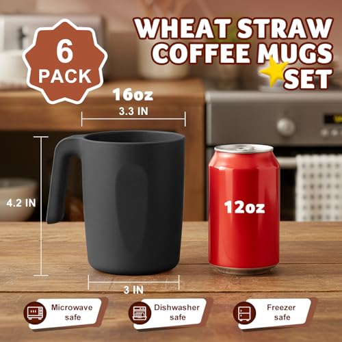 Image of 16OZ Wheat Coffee Mugs, Unbreakable Black Cup with Handle Set of 6