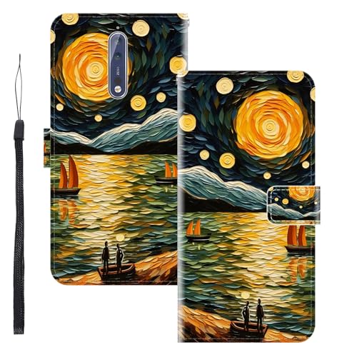 WUACYEAMING Funda para Nokia 8,con Soporte/Ranura de Tarjeta Cubierta Premium Magnético Suporte TPU Protectora Fundas PU Cuero Flip Multifuncional El mar y los Barcos
