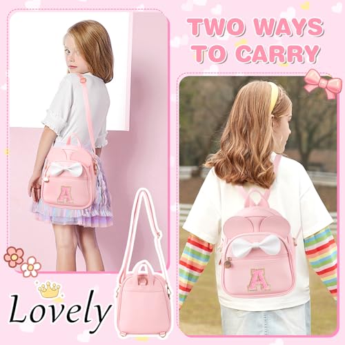 Personalized Toddler Backpack for Girls 3–10, Cute Mini Bowknot Mouse-Ear Toddler Bookbag Crossbody Purse, Small Daypack Wallet Set, Initial Birthday Gift, Trendy Little Kids/Teen Bag(Pink，A)4