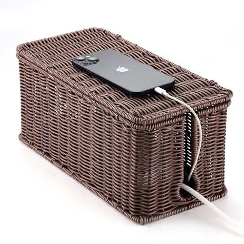 Image of ZhiYo Rattan Cable Management Box, Dark Brown, 13.5 inch x 6.2 inch x 6 inch | Handwoven cord organizer conceals power strips and cables for a cleaner home or office setup, cord hider design