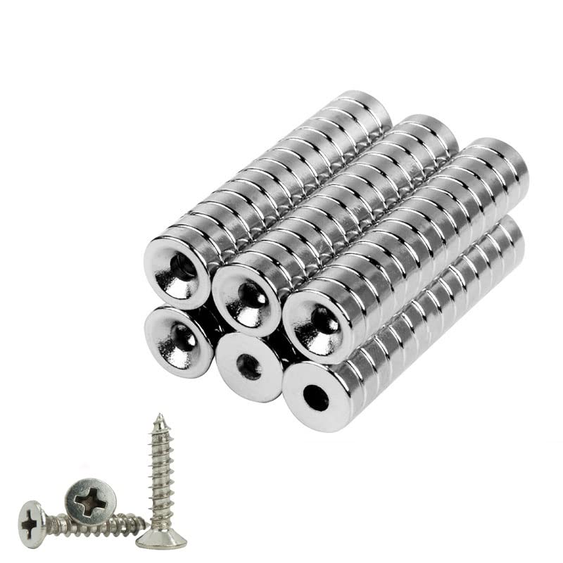 RarEarMag Magnets Countersunk Powerful Dia 12mm x H 3mm Hole 3mm Strong Permant Rare Earth Neodymium Screw Magnets for Hold Tools, Pickup Mini Screws, DIY, Home Application , Industry (40)