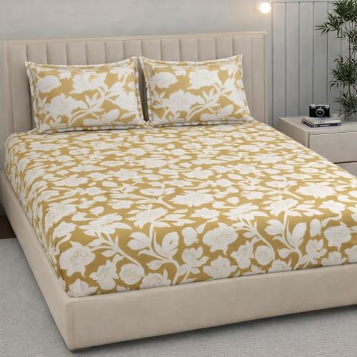Image of 380 TC Premium Glace Cotton Elastic Fitted Bedsheet King Size with 2 Pillow Covers King Size | Double Bed with All Around Elastic (YELLOWWHITE, Fitted - 72 inchx78 inch King)