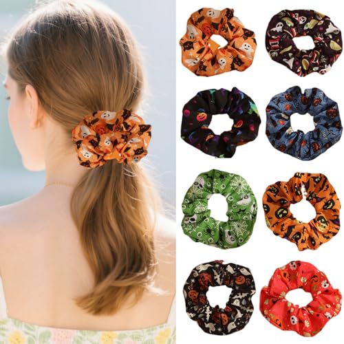 8Pcs Halloween Scrunchies Soft Elastic Hair Ties Ghost Pumpkin Spider Skull Pattern Hair Scrunchies Ponytail Holders Hair Accessories Halloween Hair Bands for Women Party Hair Decorations