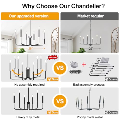 6-Light Farmhouse Chandelier for Dining Room Lighting Fixtures Hanging, Black and Silver Dining Light Fixtures Industrial Chandelier for Bedroom, Foyer, Hall, Kitchen, Living Room and Entryway