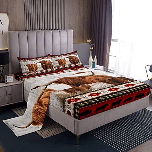 Erosebridal Highland Cow Sheet Set Longhorn Bull Southwestern Native Aztec Bed Sheets,Cowgirl Farm Animals Fitted Exotic Nordic Style Dream Catcher Top Twin,African Tribal Geometry Room Deco