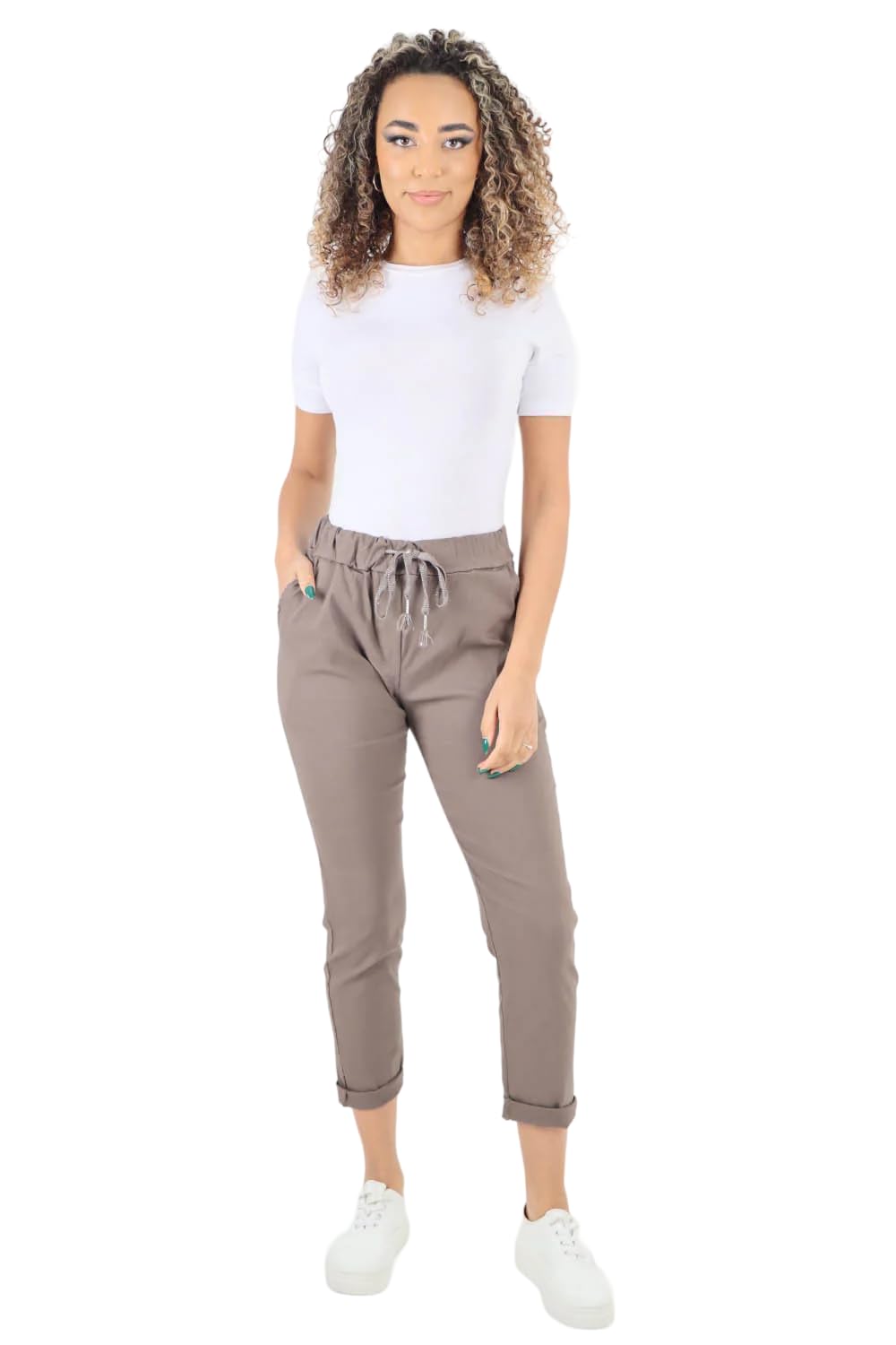 Turnhint Women's Brown Turnhint® Plain Magic Trousers, Italian Lagenlook Crushed Casual Stretchy Joggers Yoga Pants With Back Pocket (, 10-16)