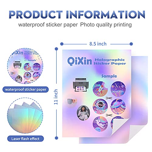 Qixin 22 Sheets Holographic Sticker Paper 8.5 X11 Inch For Inkjet Printer & Laser Printer Us Letter Size Holographic Printable Vinyl Rainbow Sticker Printer Paper Adhesive Waterproof Vinyl #TOP1